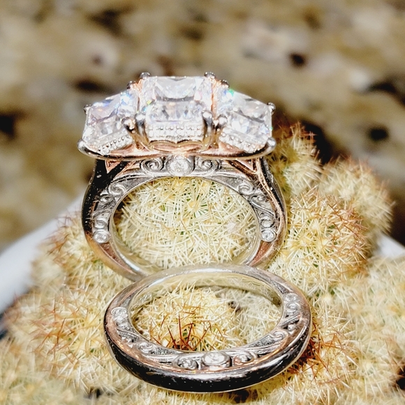 7 carat Three Stone Princess Cut Moissanite Wedding Engagement Ring and Band Set - Picture 2 of 7